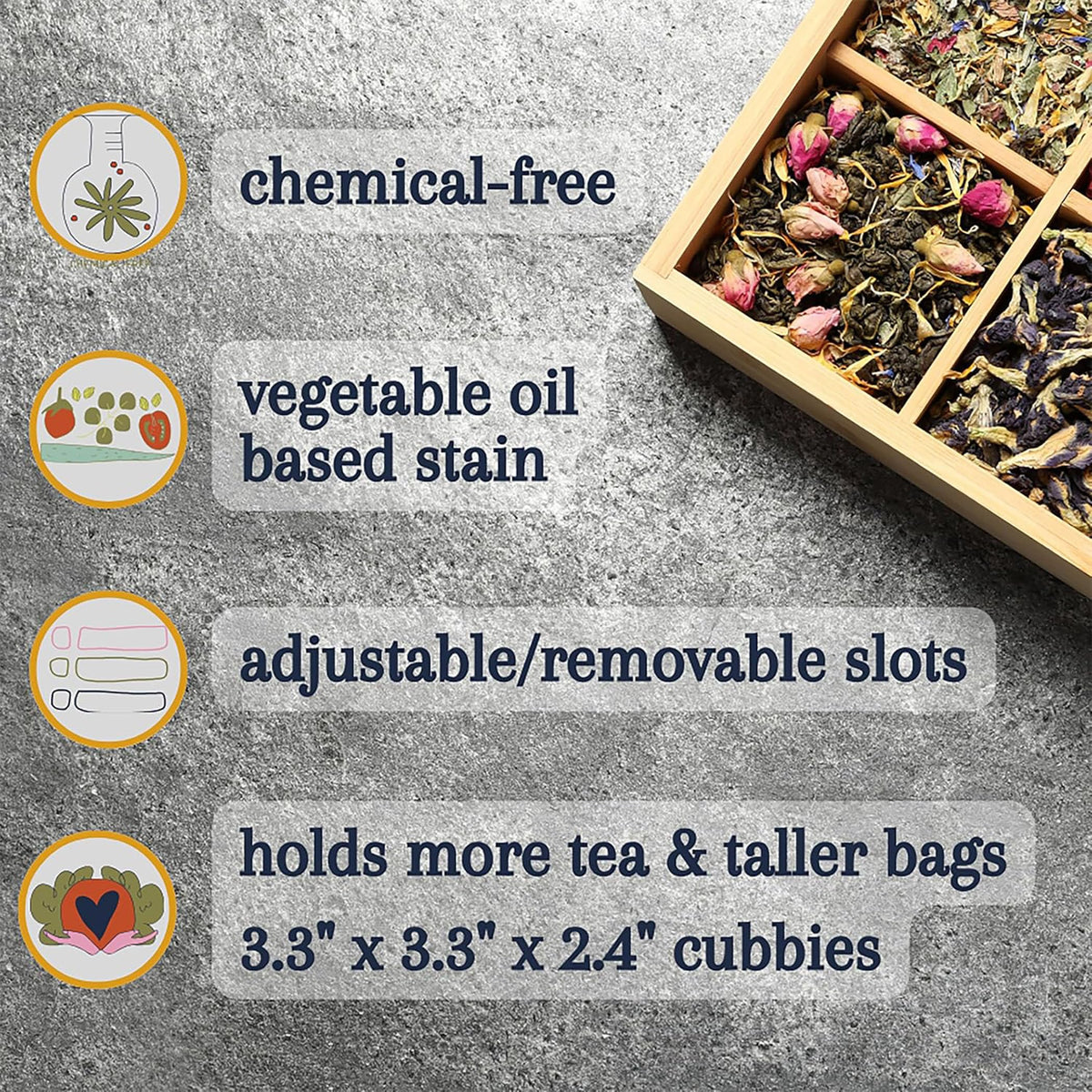 Tea Organizer Box Food Safe Chemical Free Bamboo Wood Storage Chest Big