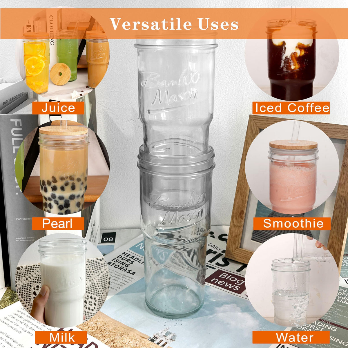 Glass Cups with Lids and Straws 4 Packs (4 Count)