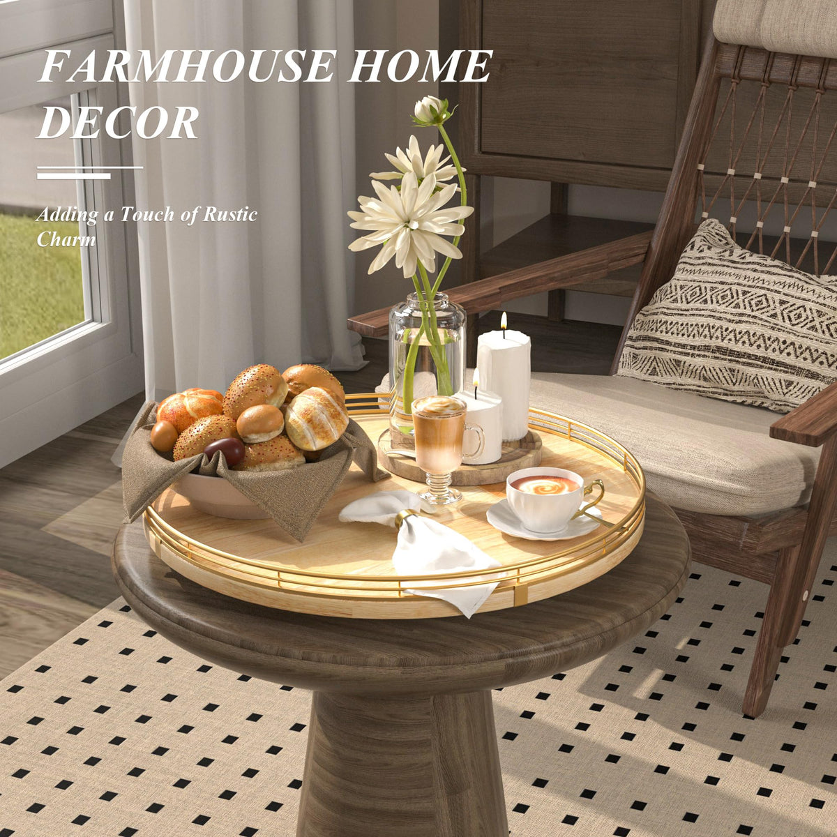 16 Inch Rustic Lazy Susan with Solid Oak Base and Black Iron Rail
