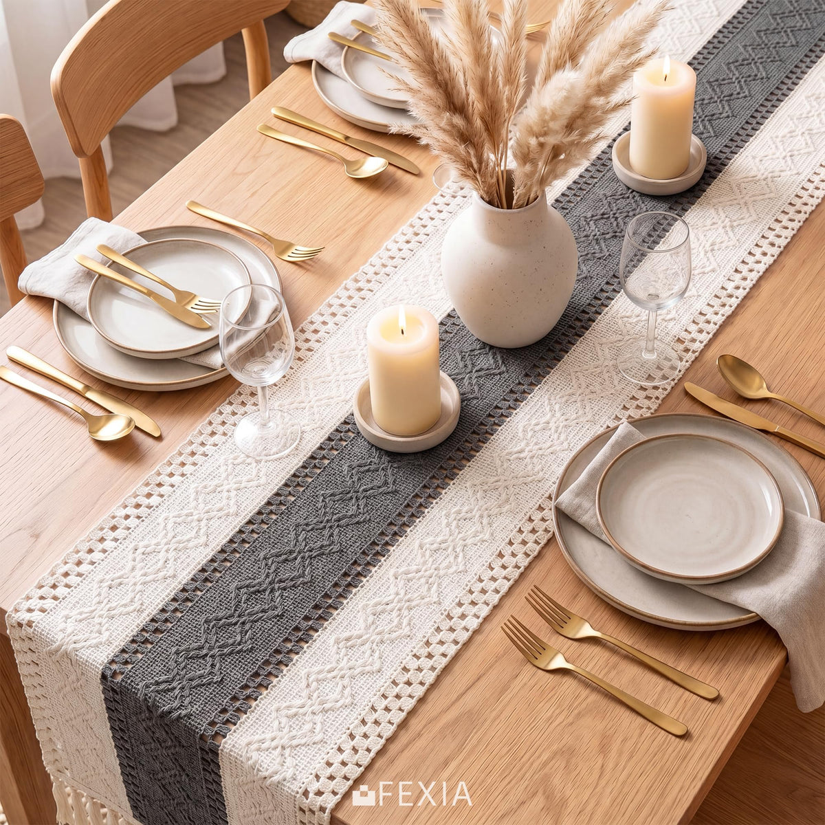 Boho Table Runner with Tassels for Home Decor 12x72 Inches Grey (6 Sq Ft)
