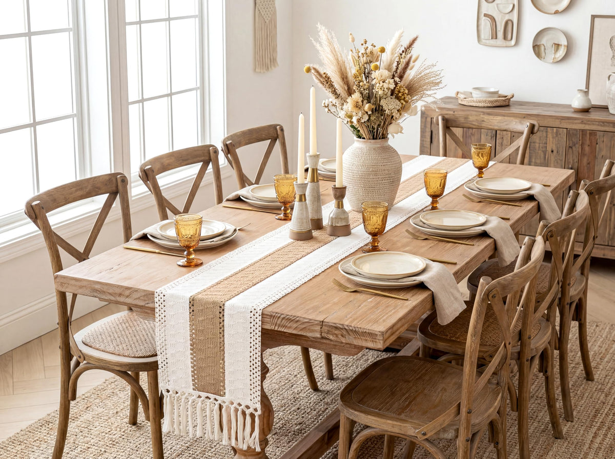 Boho Table Runner for Fall Home Decor 12x72 Rustic with Tassels (72 Foot)