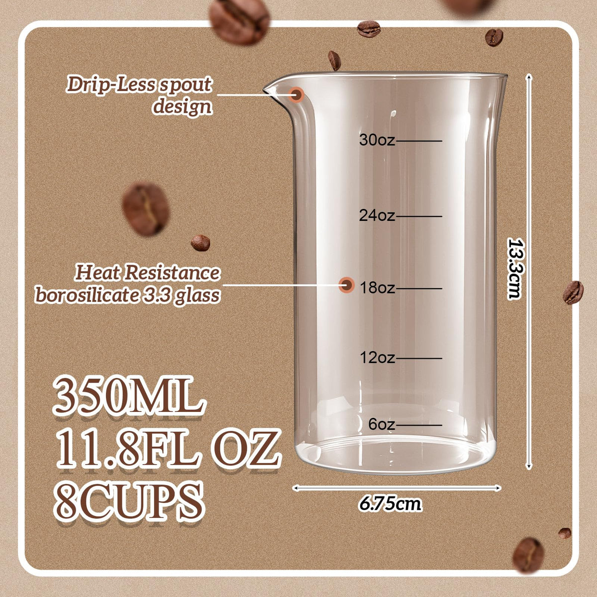 2 Pcs 34 oz French Press Replacement Glass with Scale Universal Replacement Beaker for French Press Tea and Coffee Makers Borosilicate 3.3 Glass Spare Carafe (2 Count)