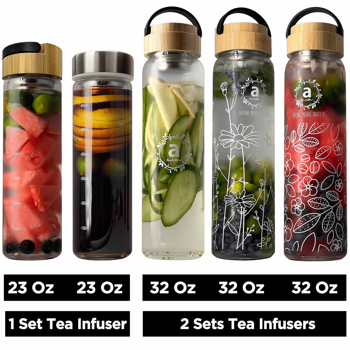 32oz Borosilicate Glass Water Bottle with Bamboo Lid and 2 Tea Infuser Sets for Fruit Infused Water and Cold Brew Coffee