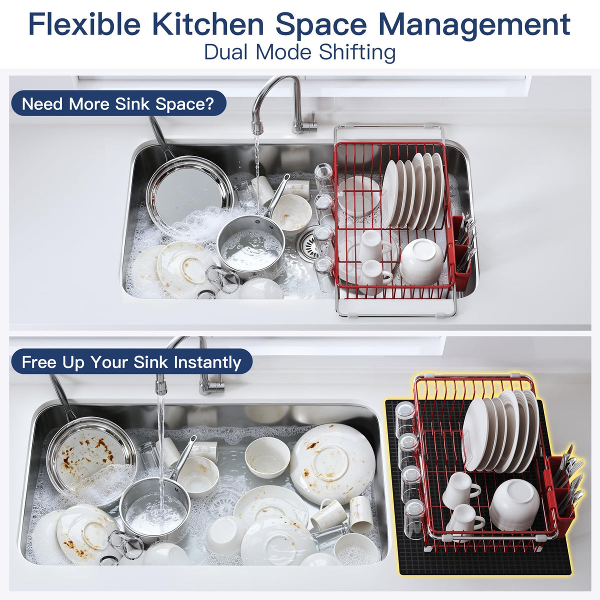 Red Dish Drying Rack in Sink with Mat