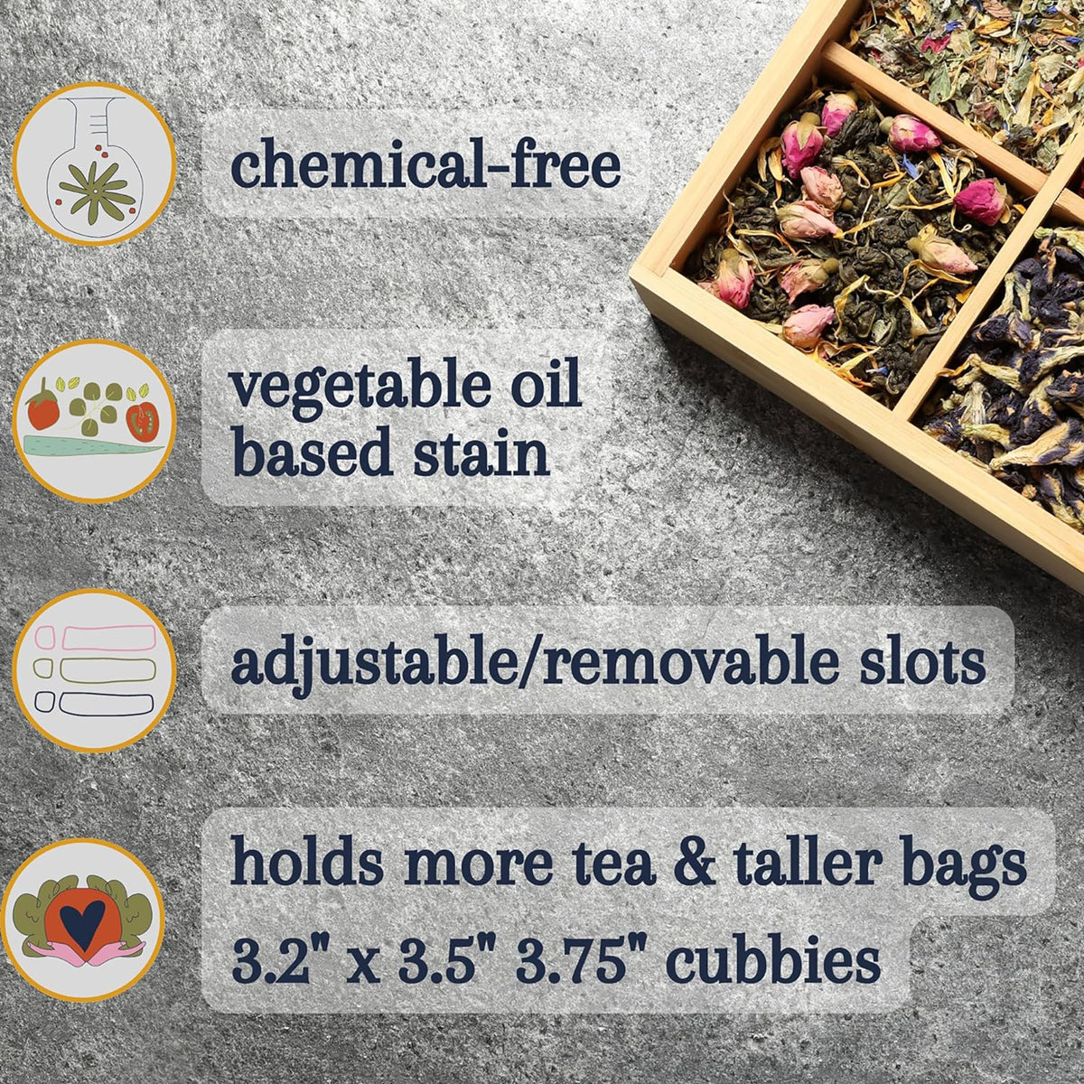 Tea Organizer Box 7.4" x 8.1" x 4.2" Bamboo Wood Organizer Storage Chest 4 Tall Adjustable Slots 100% Handmade Eco