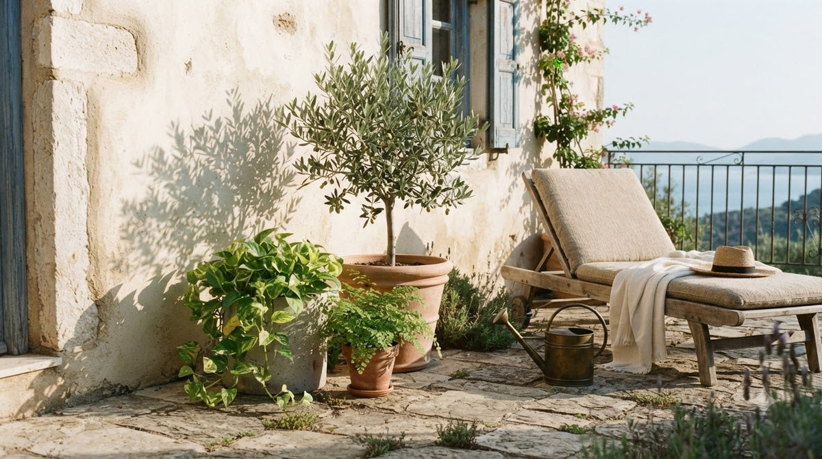 A potted olive tree and terracotta planters against a limewashed wall, beside a teak lounger overlooking the sea.