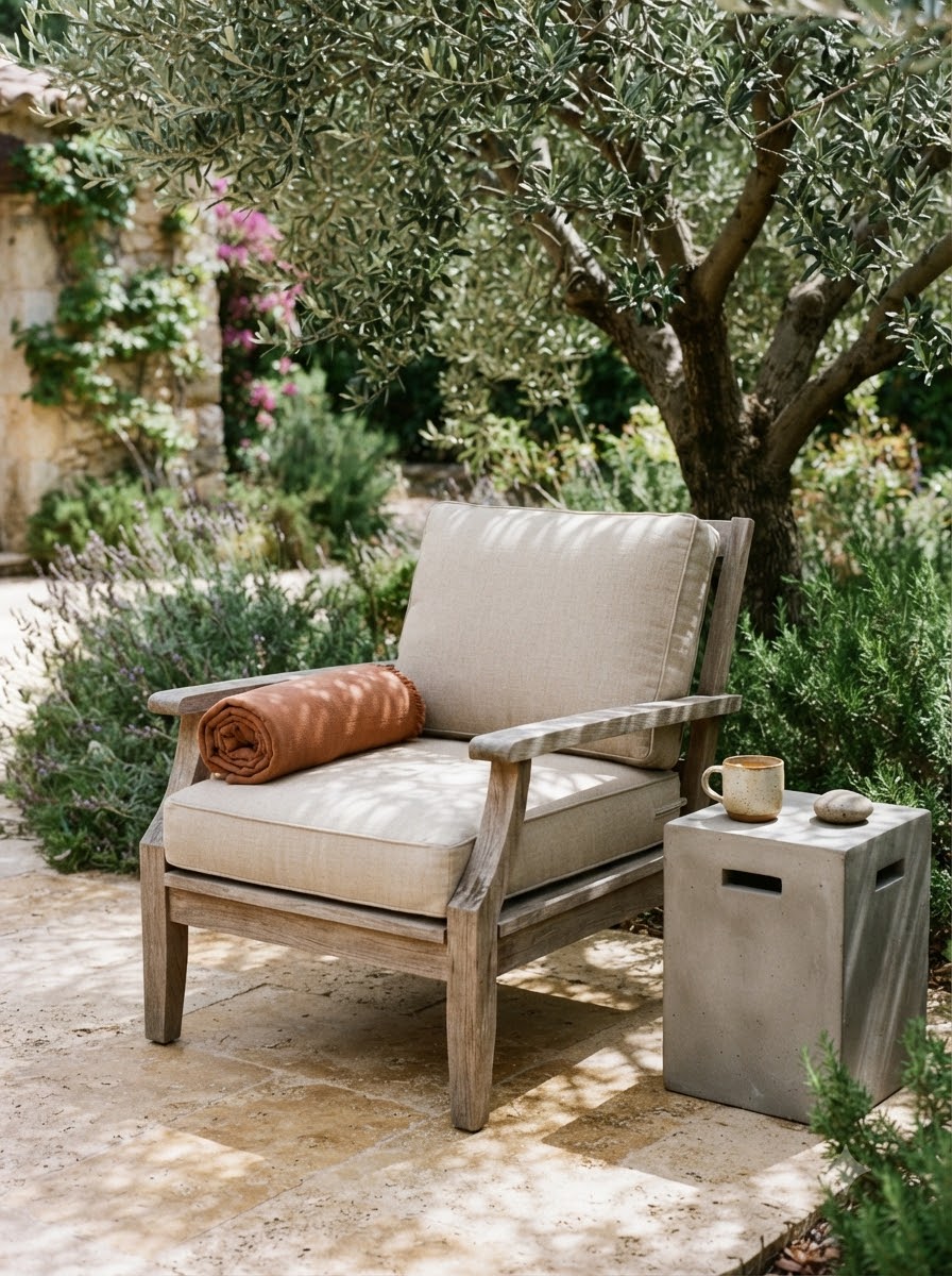 A weathered teak lounge chair with linen cushions on a travertine terrace, in the dappled shade of an olive tree.