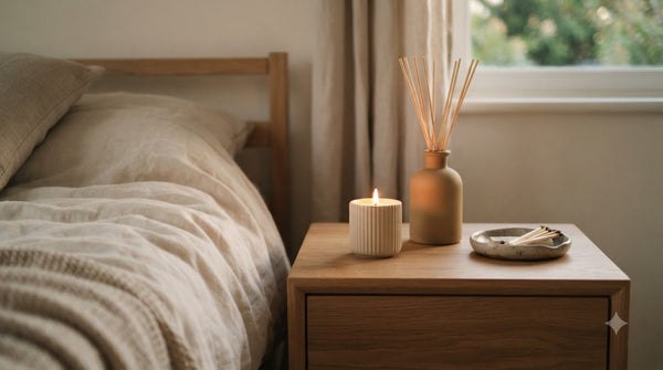 An oak nightstand with a ribbed candle, reed diffuser and match dish beside a linen-dressed bed.