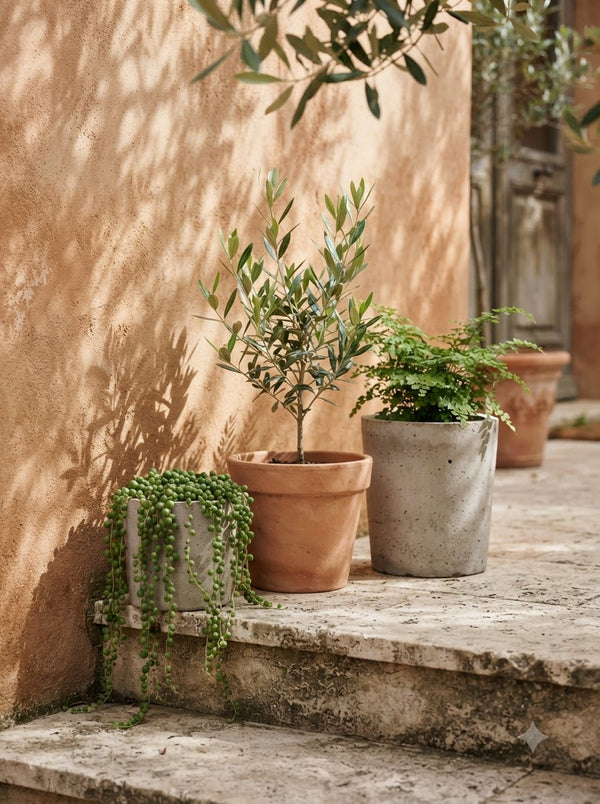 Terracotta planters stepped along a travertine patio in afternoon sun.