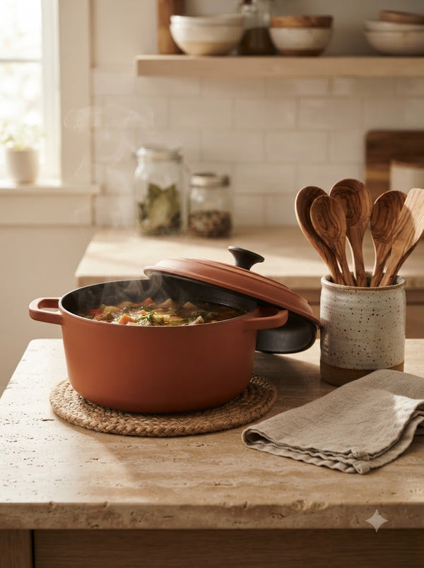 A terracotta Dutch oven of steaming soup on a travertine counter beside olive wood spoons.