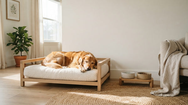 A golden retriever asleep on an oak-framed bed with a boucle cushion, beside raised stoneware bowls.