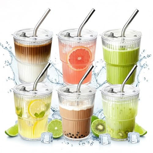 6 Packs Ribbed Glass Tumbler with Lid and Straw Ice Coffee Cup Employee Christmas Appreciation Gift Idea Bulk Team Boss End Year Work Office Staff Coworker Team Group Colleague Teamwork Thank You