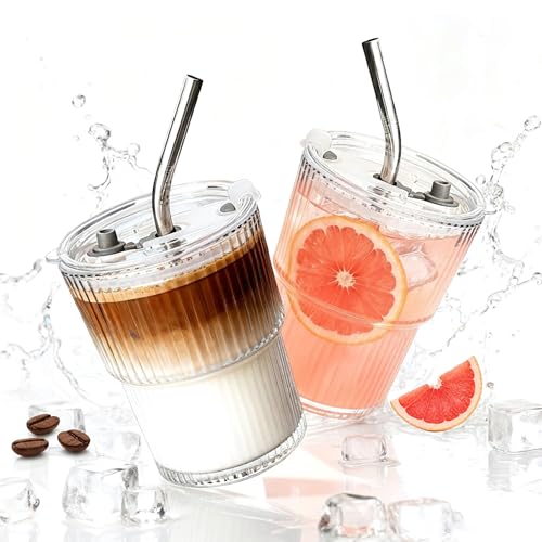 2 Packs Ribbed Glass Tumbler with Lid and Straw 13 oz Vintage Ice Coffee Cup Set Bulk Simple Smoothie Juice Matcha Tea Water Slushie Clear Hot Drink Glasses Travel Mug Modern Kitchen Glassware