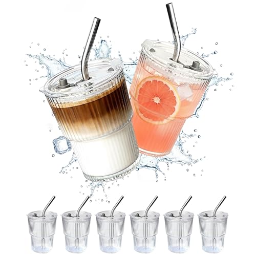 8 Packs Ribbed Glass Tumbler with Lid and Straw Ice Coffee Cup Kitchen Gadgets First Apartment Essentials New Home Must Haves Things Stuff Accessories House Warming Housewarming Hostess Host Gift