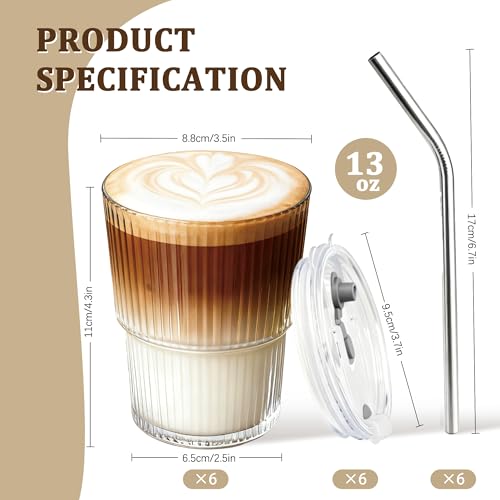 6 Packs Ribbed Glass Tumbler with Lid and Straw Ice Coffee Cup Employee Christmas Appreciation Gift Idea Bulk Team Boss End Year Work Office Staff Coworker Team Group Colleague Teamwork Thank You