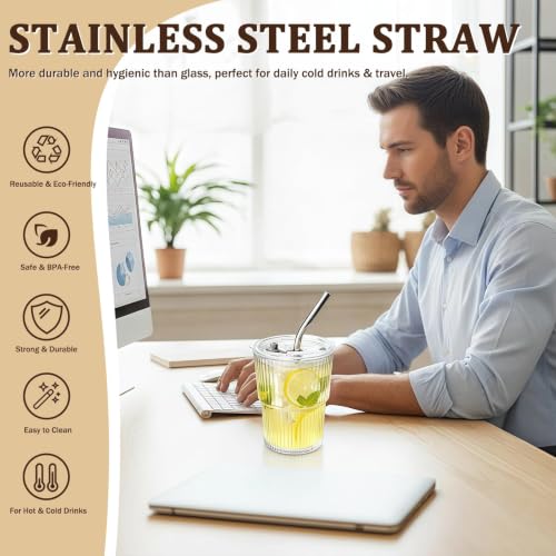 2 Packs Ribbed Glass Tumbler with Lid and Straw 13 oz Vintage Ice Coffee Cup Set Bulk Simple Smoothie Juice Matcha Tea Water Slushie Clear Hot Drink Glasses Travel Mug Modern Kitchen Glassware
