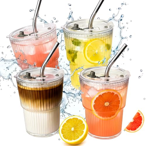 4 Packs Ribbed Glass Tumbler with Lid and Straw 13 oz Cute Ice Coffee Cup Set for Smoothie Juice Matcha Tea Latte Cappuccino Espresso Hot Coffe Water Reusable Clear Travel Boba Aesthetic Drinking Mug